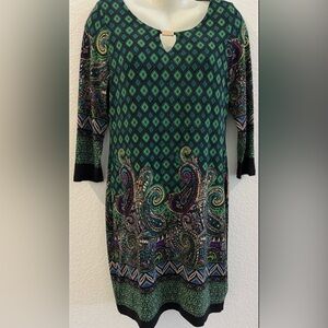 MSK Vibrant Green and Black Paisley Dress Medium 3/4 Sleeve